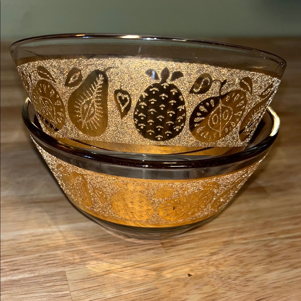 Vintage Culver 22k textured fruit Pattern Glass Barware bowls set of 2 mcm 🍍 🍏